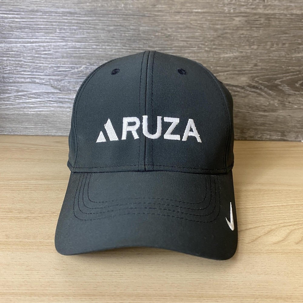 Nike Aruza Hat Cap Strap Back Black Embroidered Logo Mens Dri-Fit Golf Athletic